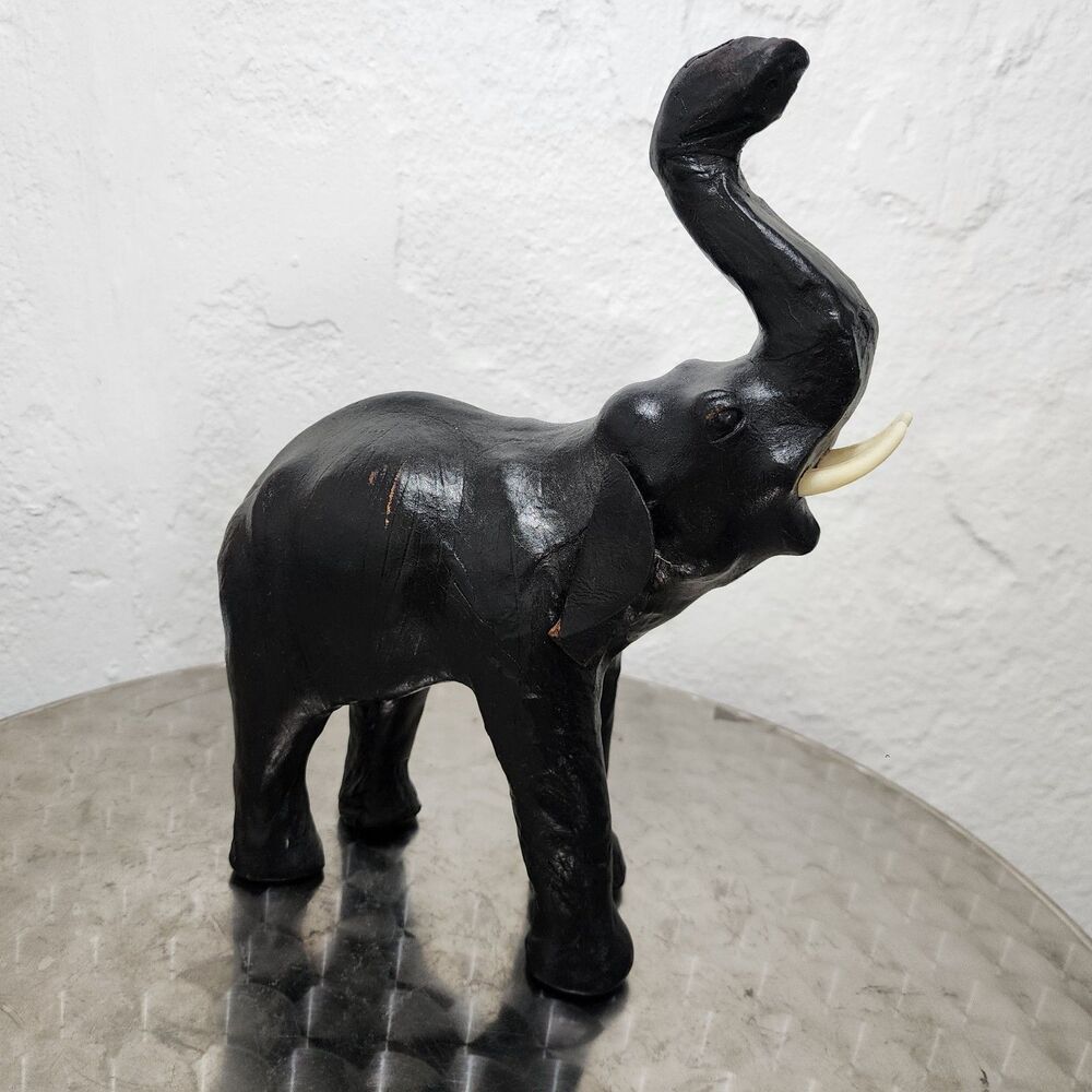 Vtg Black Leather Wrapped Elephant Statue Figurine Trunk Up MCM Safari Decor 11"